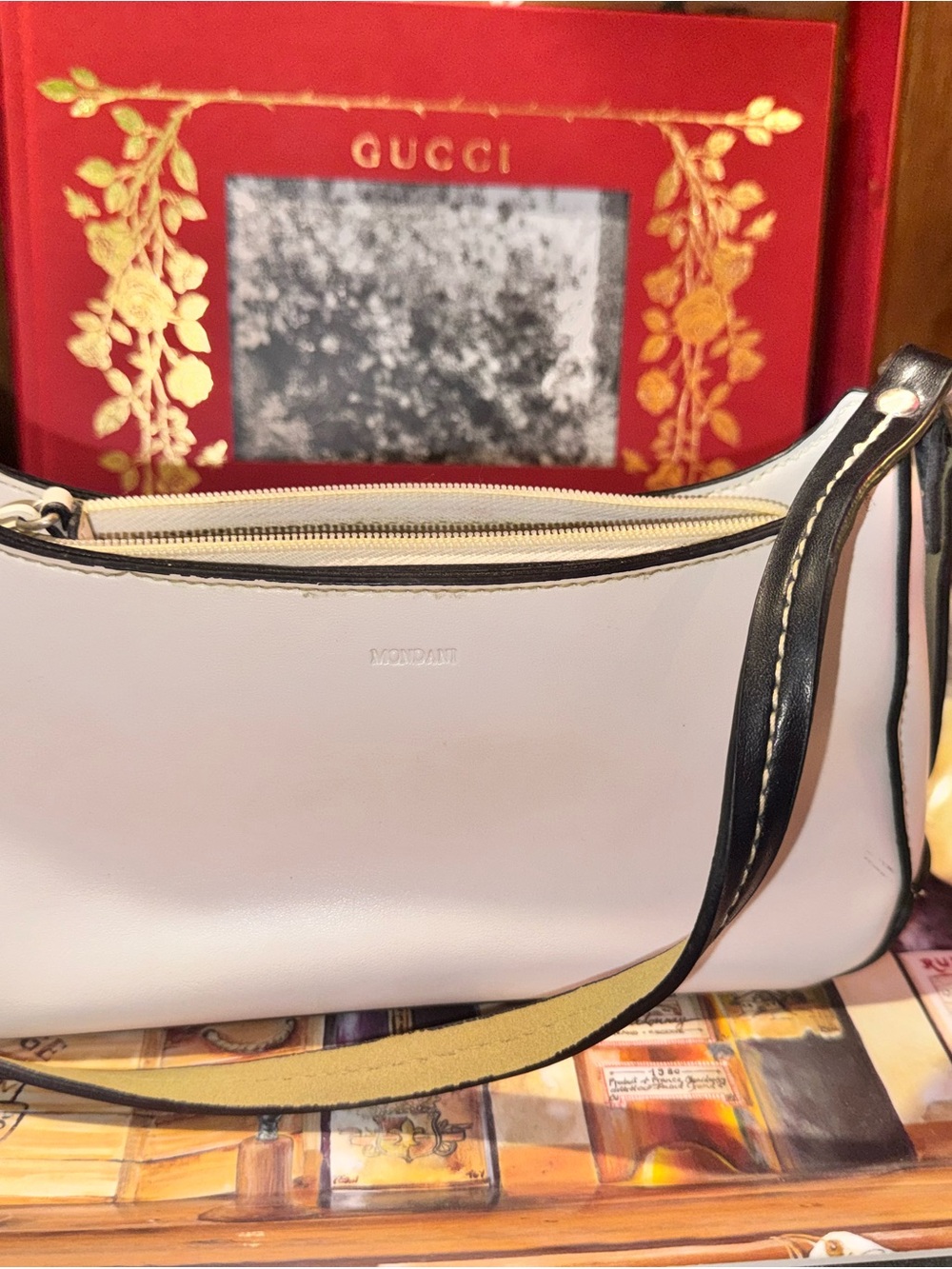 Mondani White Leather Shoulder Bag with Black Trim